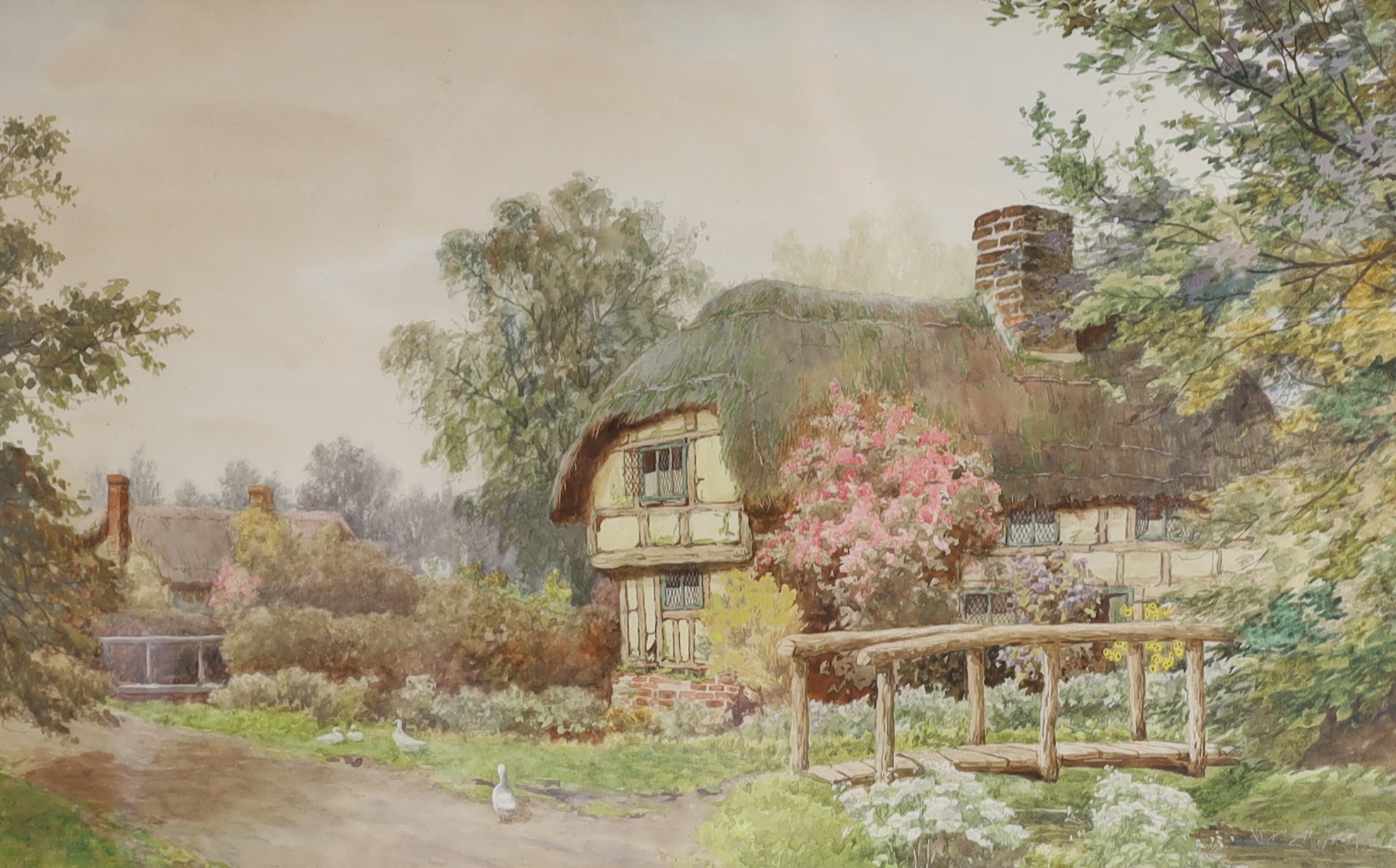 Manner of Sylvester Stannard, watercolour, Thatched cottages 'At Belton, Sussex’, 33 x 52cm